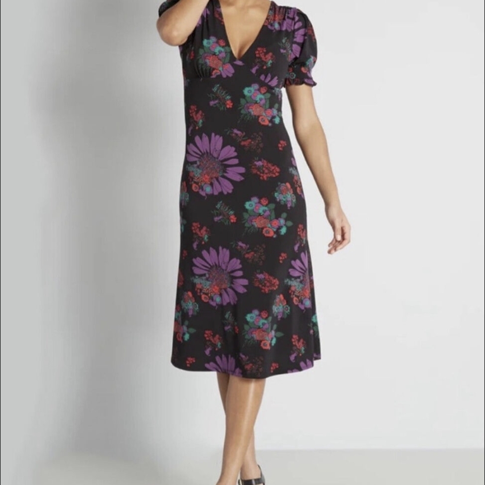 Modcloth Floral Black and Purple Dress